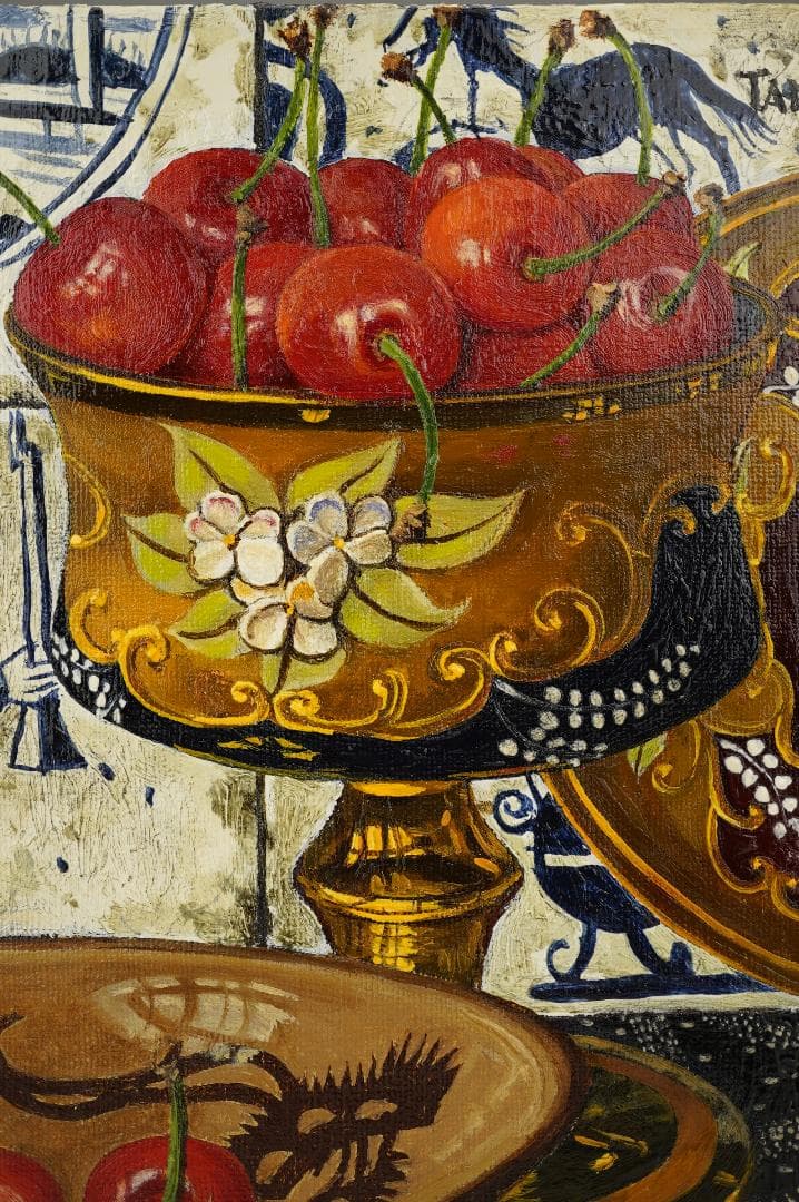 玉之内満雄　1994年作　「デルフトタイルの前のさくらんぼ」　油絵　真作保証