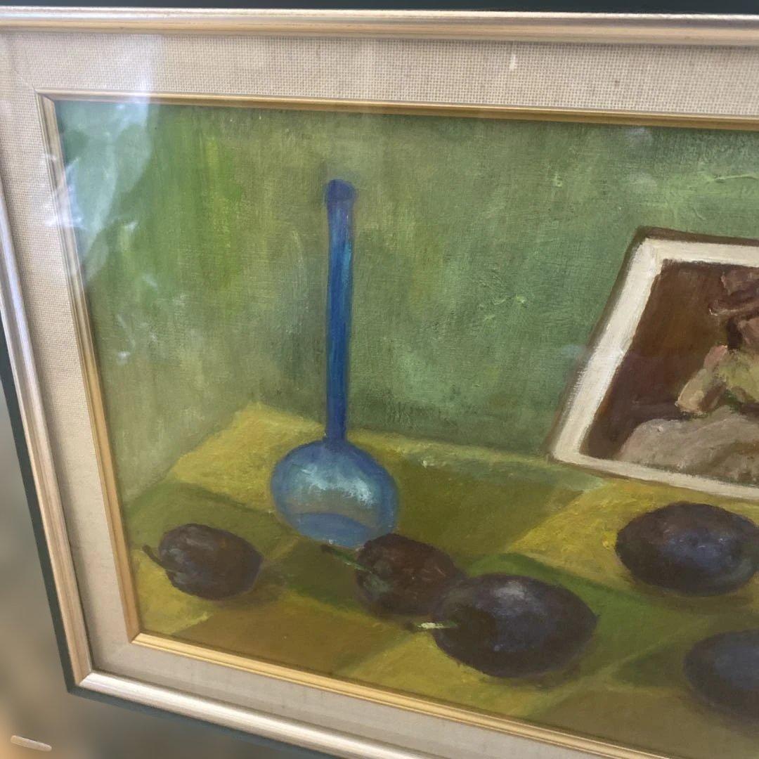 油彩　油絵　絵画　プルーン　果物　洋画　静物画　額縁　シルバーフレーム　f4