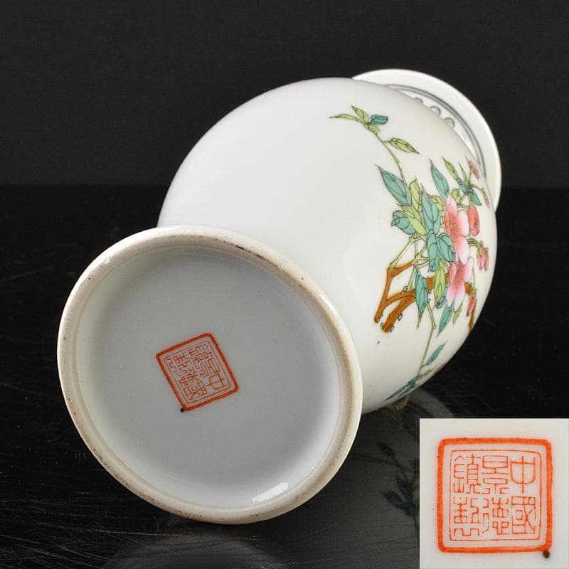 中国　中国景徳鎮製　粉彩漢詩花鳥文瓶　時代箱　M　R6295