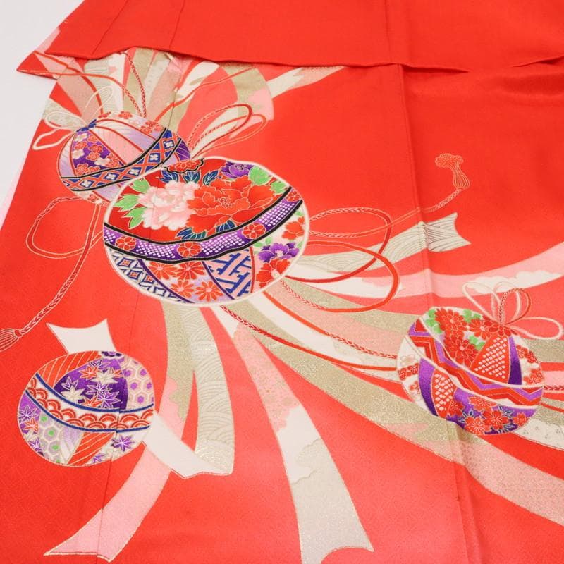 七五三着物11点セット7歳 女の子　束ね熨斗に鞠　子供着物　赤 化繊 11RR2