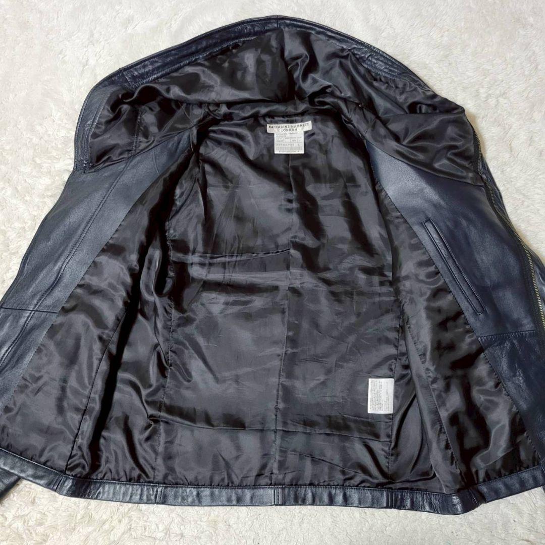 美品✨　キャサリンハムネットロンドン　シングルライダース　フード　羊革　紺　L