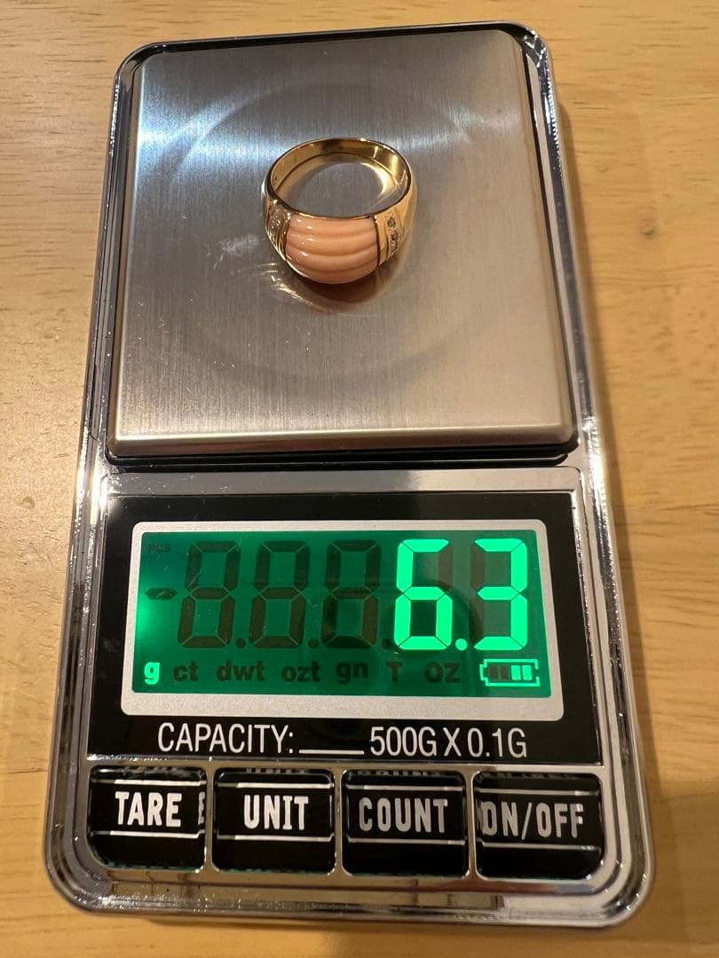 K18 天然サンゴ ダイヤモンド リングカボション ピンク系6.3g 刻印あり