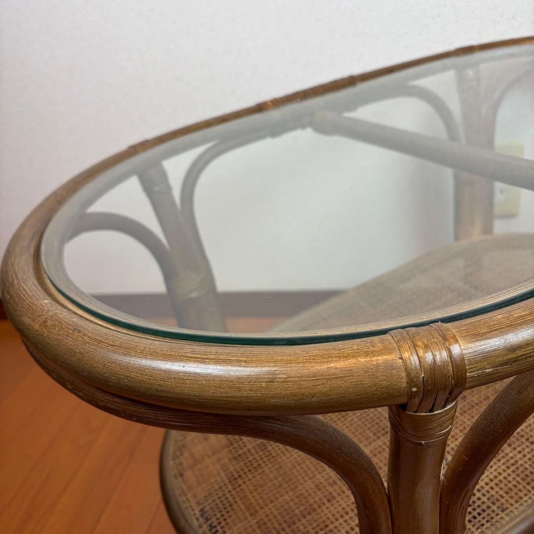 送料無料 ラタン製ガラス天板サイドテーブル アンティーク ヴィンテージ 天然木