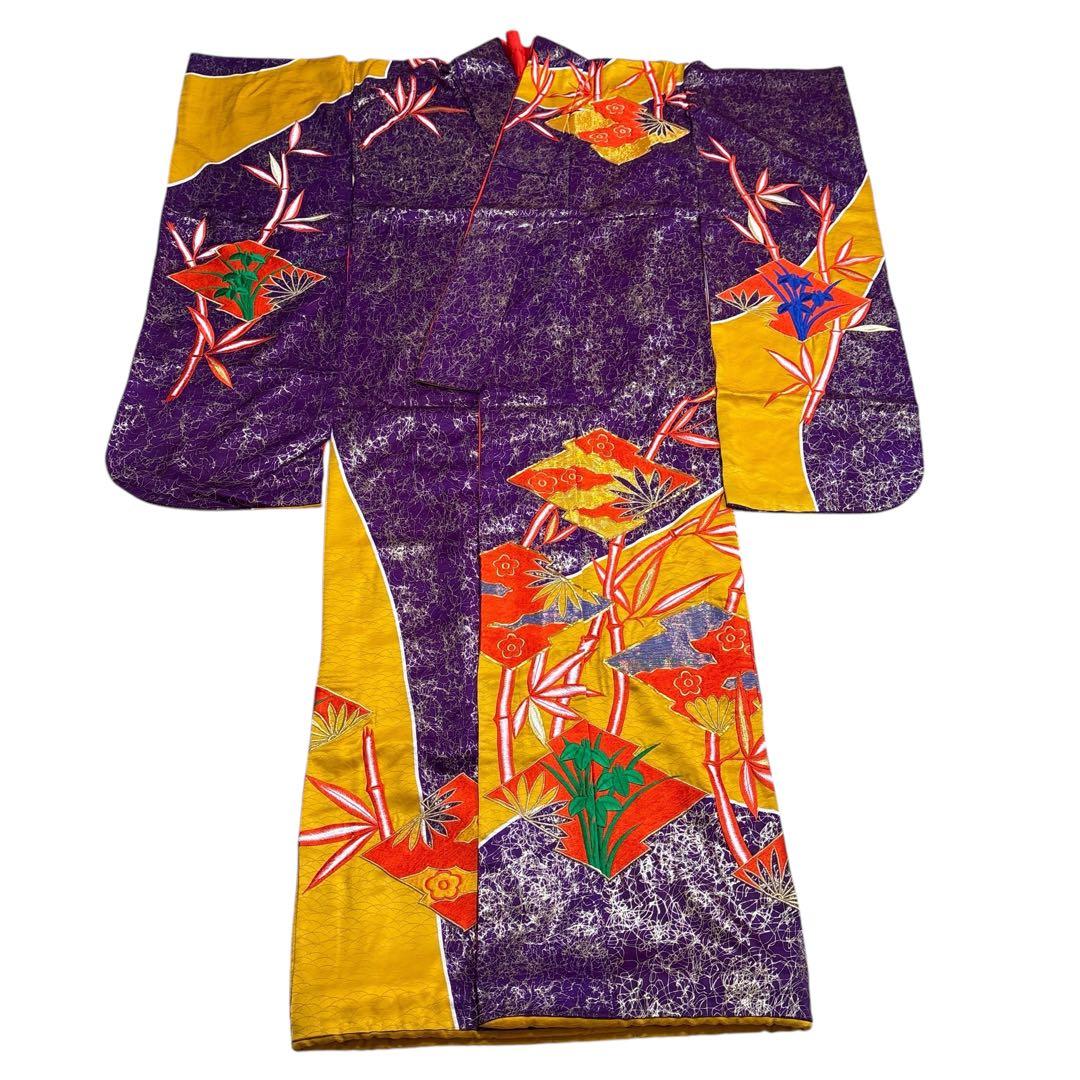 (あ862)アンティーク大振袖㊗️紫に金の幾何学模様 総刺繍✨️③点セット