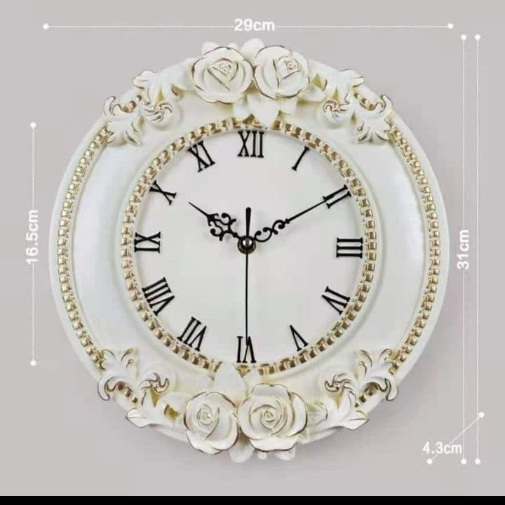 白　新品　壁掛け時計　静音　アンティーク調　掛け時計　ヨーロッパ　シャビー　バラ