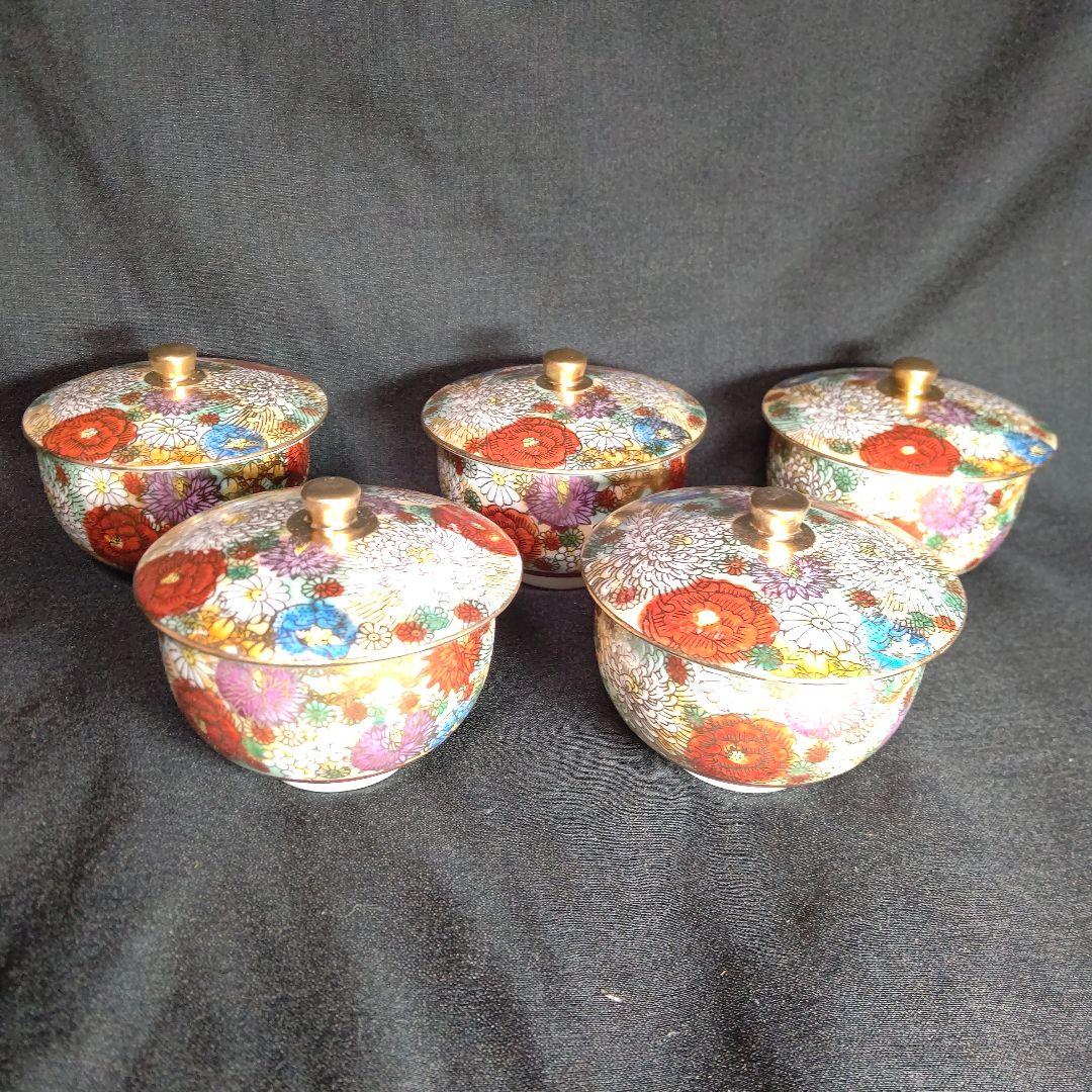 九谷隆山作 花詰 蓋付茶器五客揃 おまけ付き