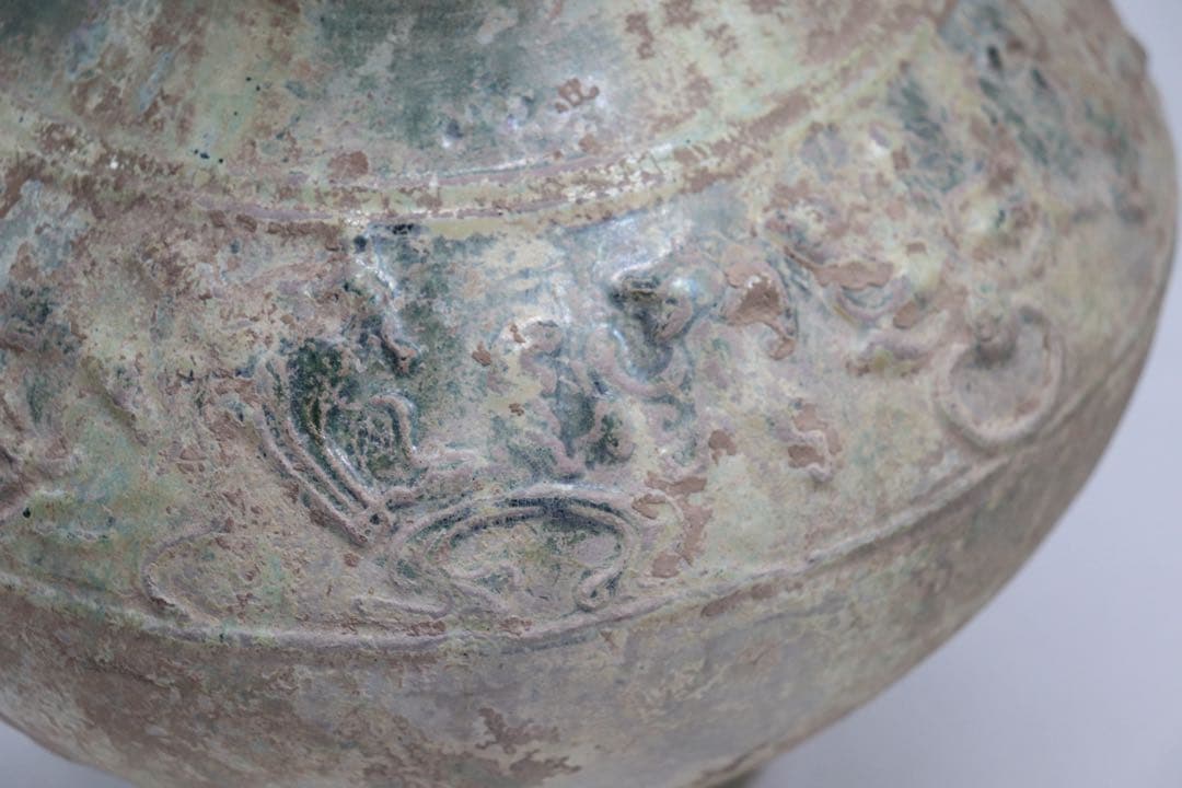 中国　漢時代　緑釉舗首耳大瓶　銀化緑釉　アンティーク　送料込み251014