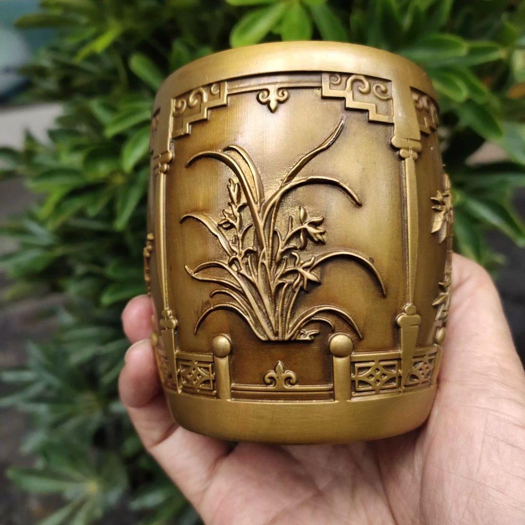 銅器 梅蘭竹菊筆筒 筆筒 文房 置物 装飾品 工芸品 美術品