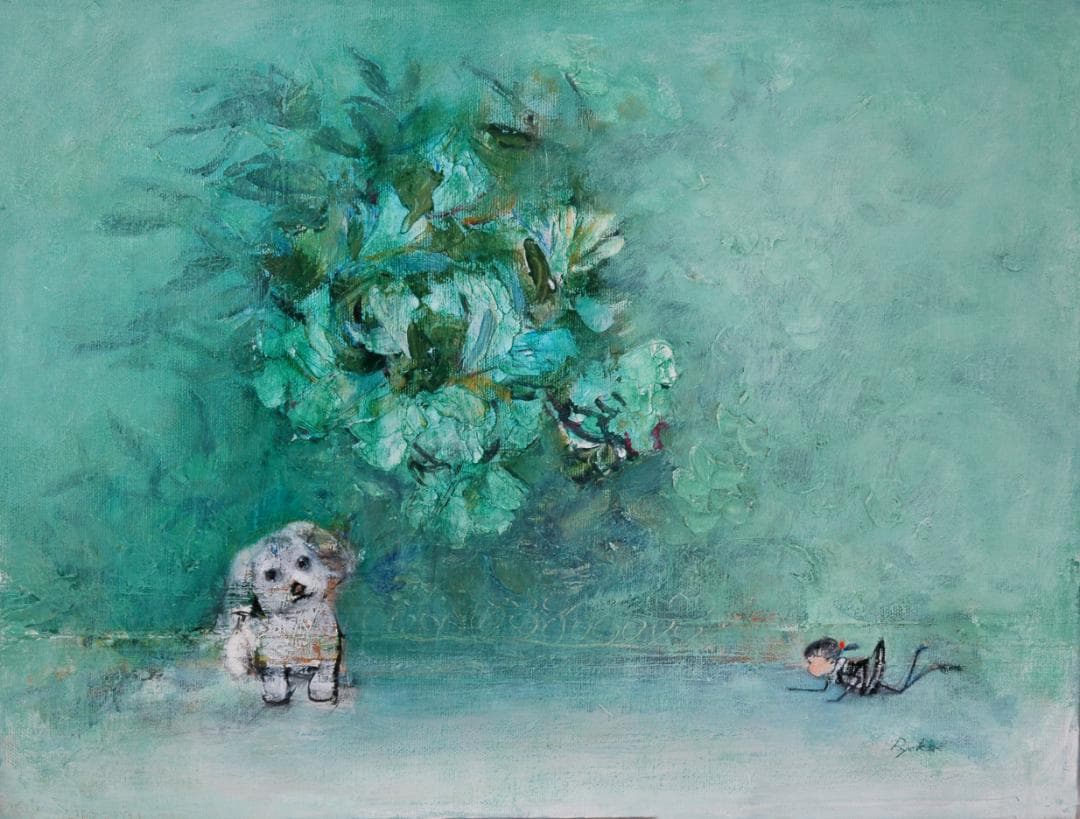 油絵 菅家令子 絵 絵画インテリア額付(白) uF6-071719 子犬と蟻さん