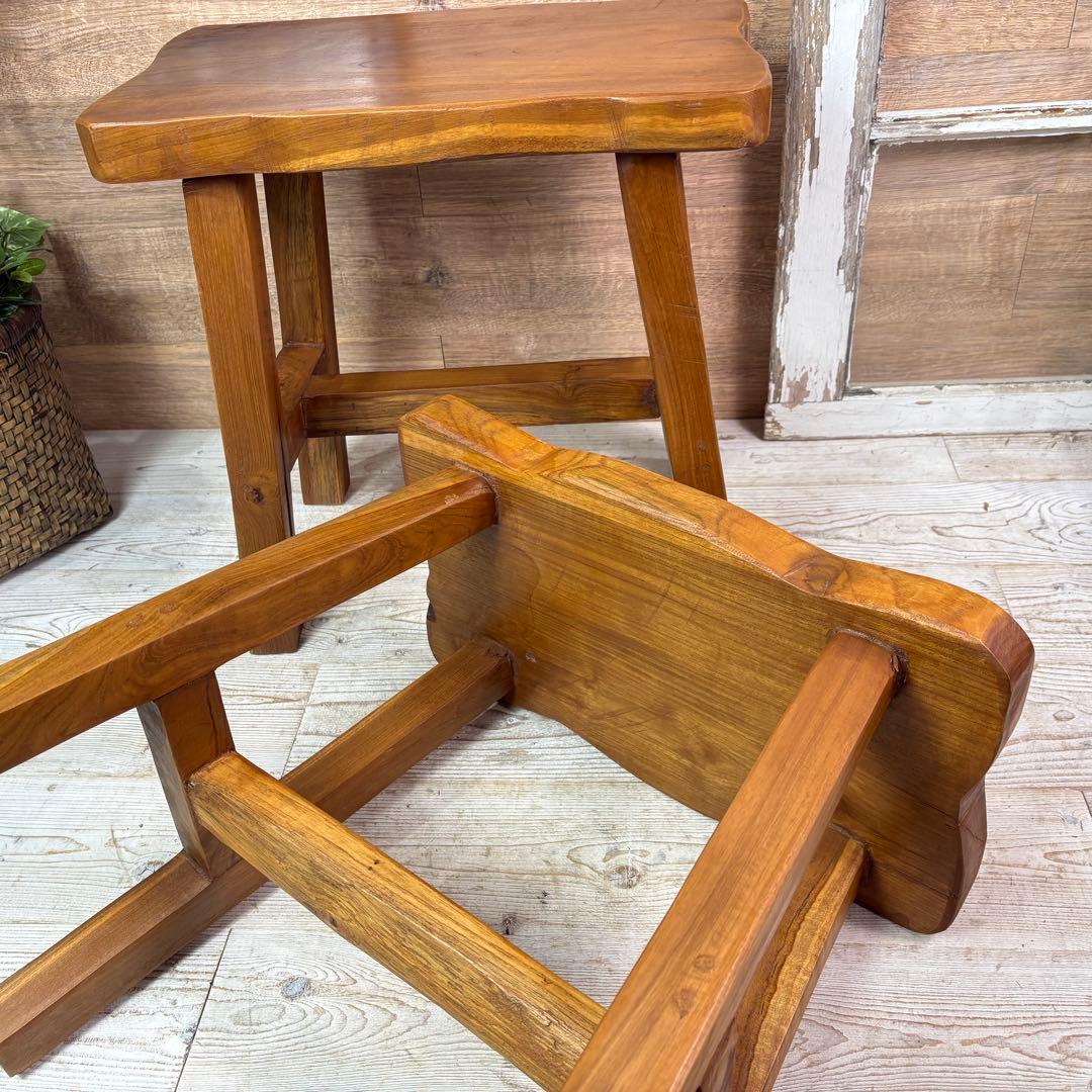 オールドチーク天然無垢材ベンチスツールワイド2点セットサイドテーブル飾り台置き台