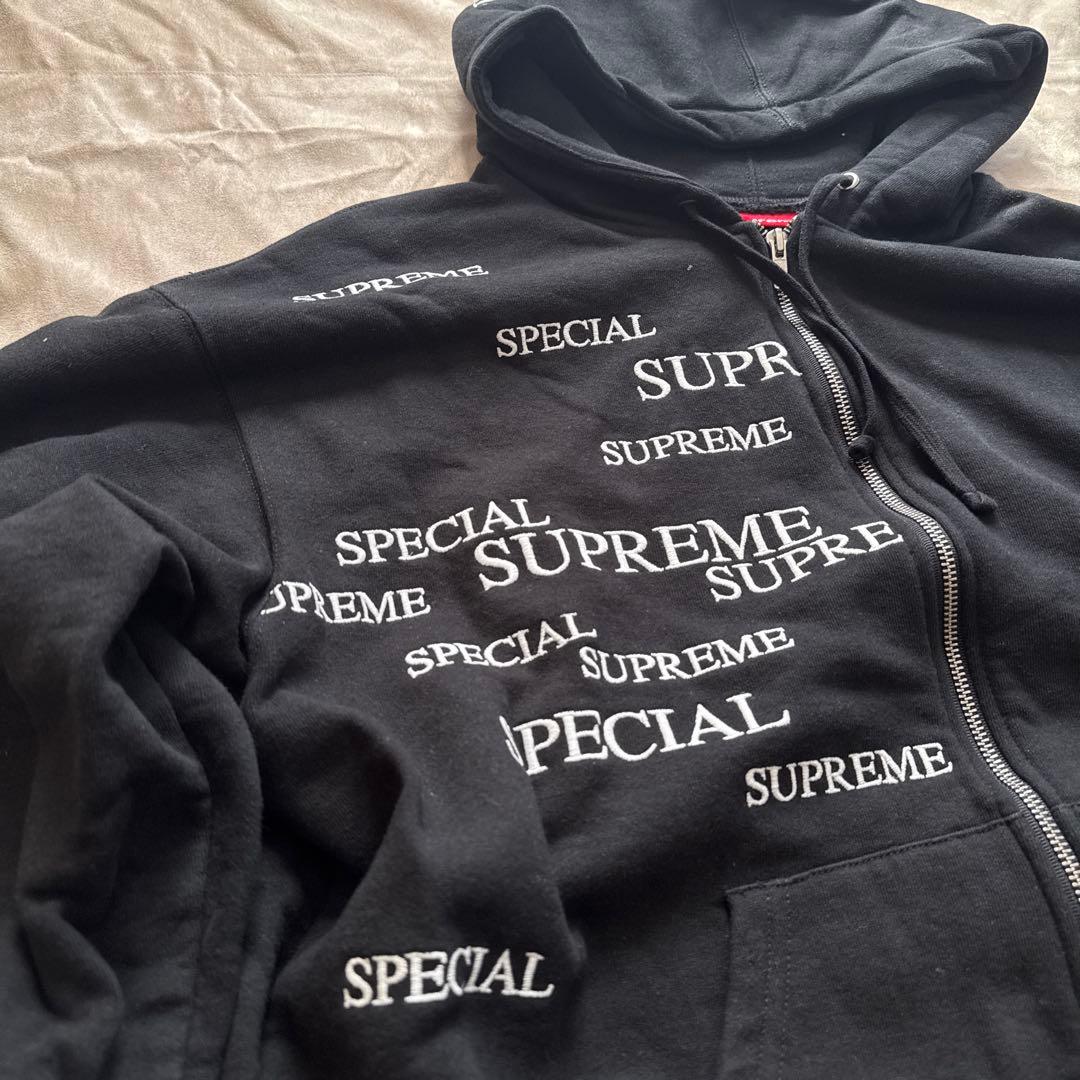 SUPREME L 刺繍　ロゴ　ジップアップ　パーカー ブラック　黒　裏起毛