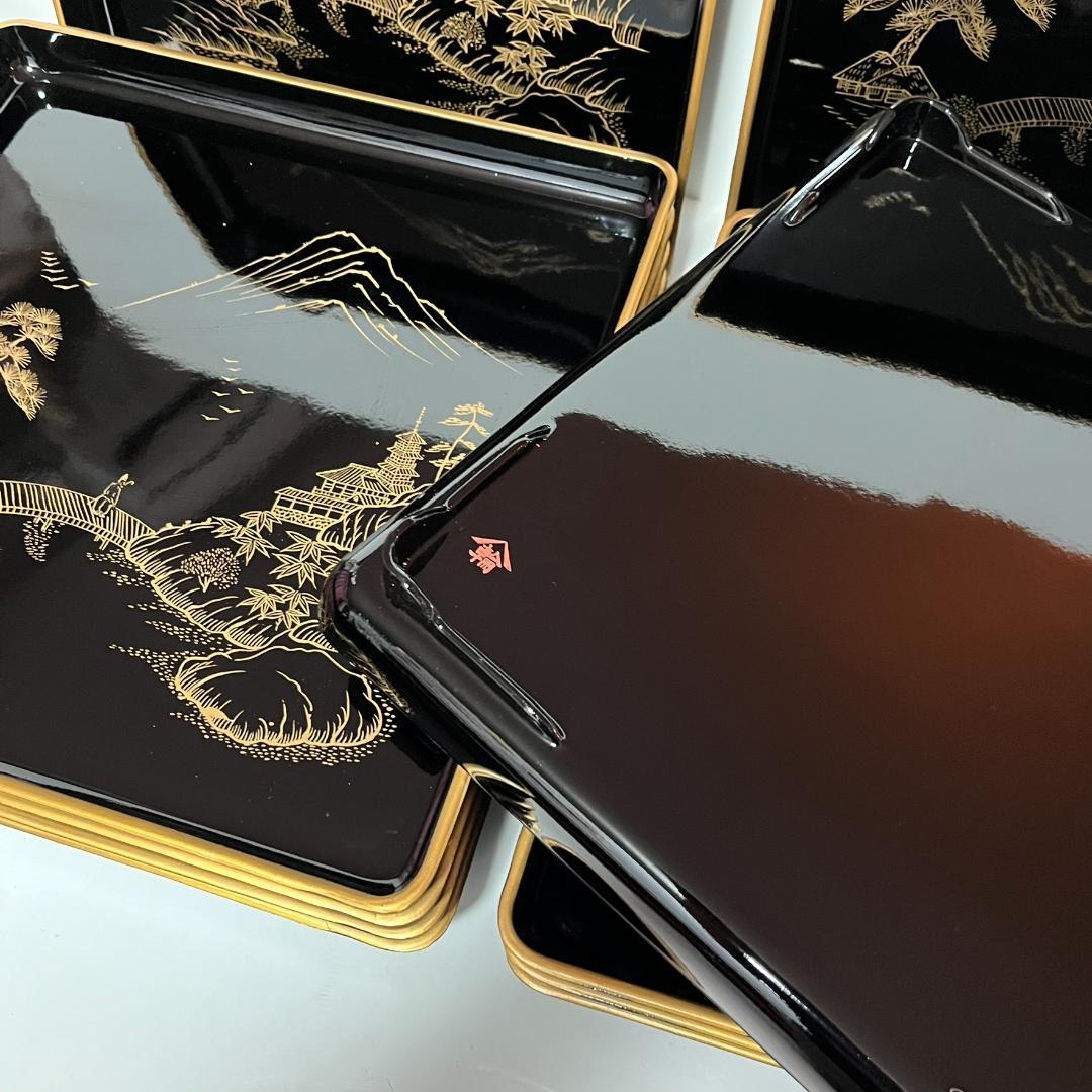 【蔵出し】懐石御膳 輪島塗 二度塗 美術漆器 沈金楼閣山水の図 10客 未使用品