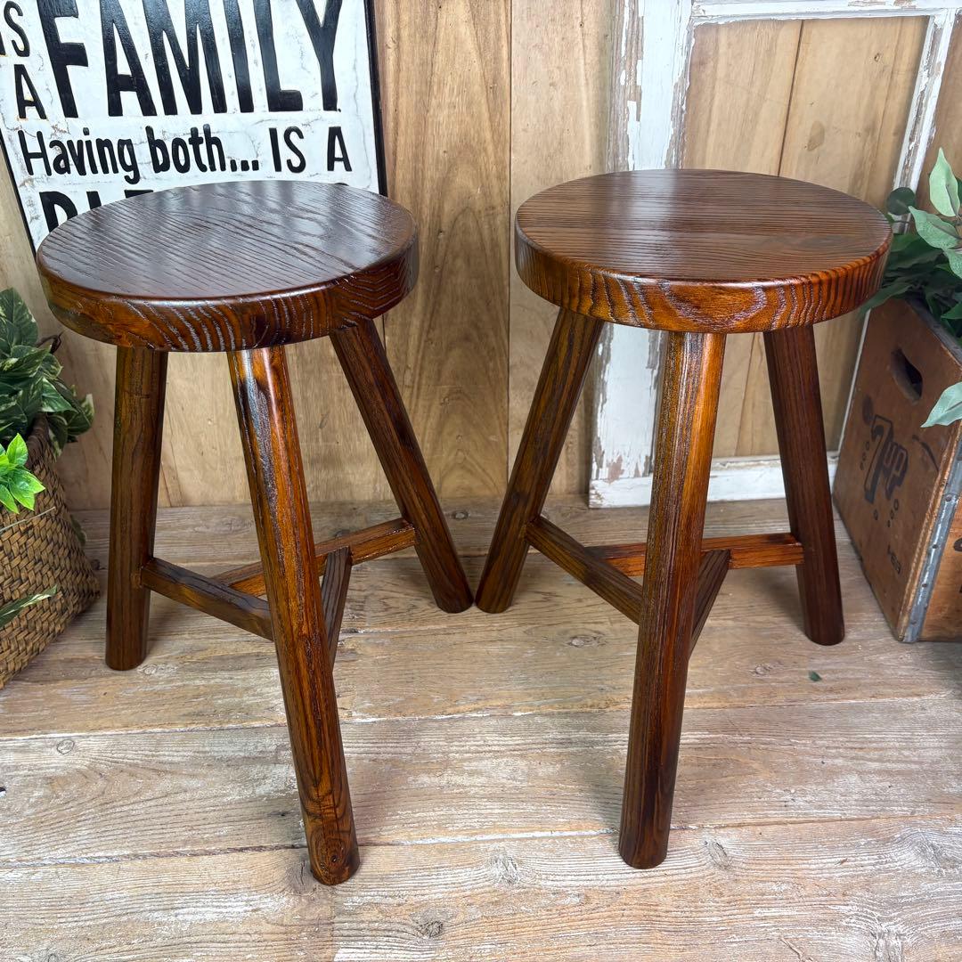 アジアンエスニック原木無垢材木製三本足丸スツール二脚セット木製椅子花台チェア
