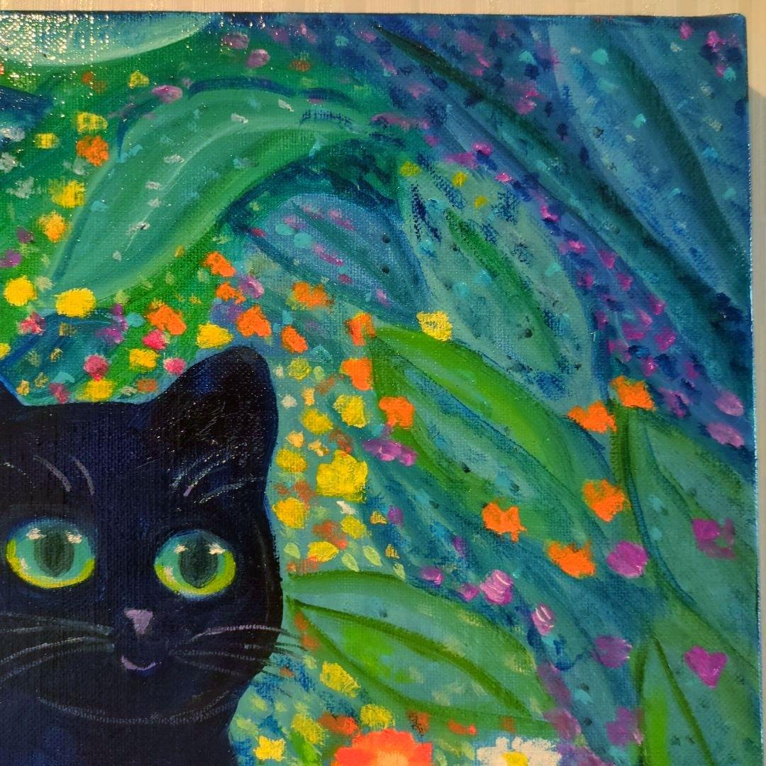 キャンバス油絵　専用   黒猫ガーデン　クリムト風フラワーガーデン