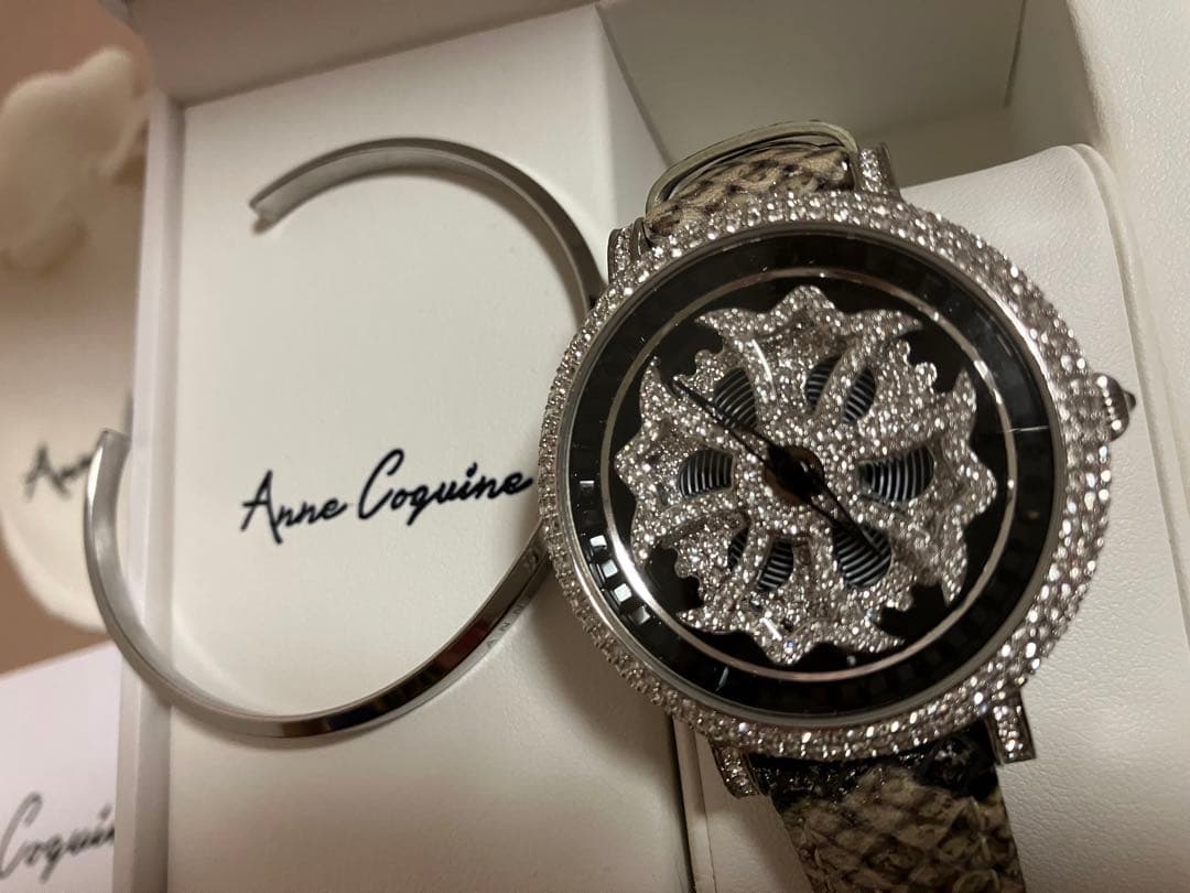 【美品】Anne Coquine パイソン柄ミニクロスウォッチ バングルセット