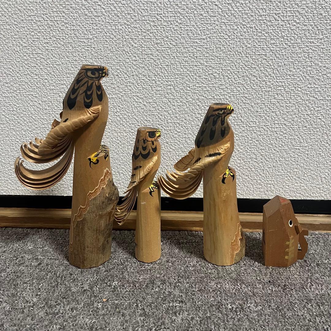 郷土玩具　笹野一刀彫　お鷹ぽっぽ　尾長鶏ポッポ 鷹の彫刻鶏の彫刻　９点セット