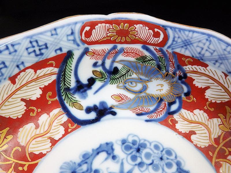 大聖寺伊万里　金襴手　花に福良雀の図　膾皿　５客　B267AS-BGl