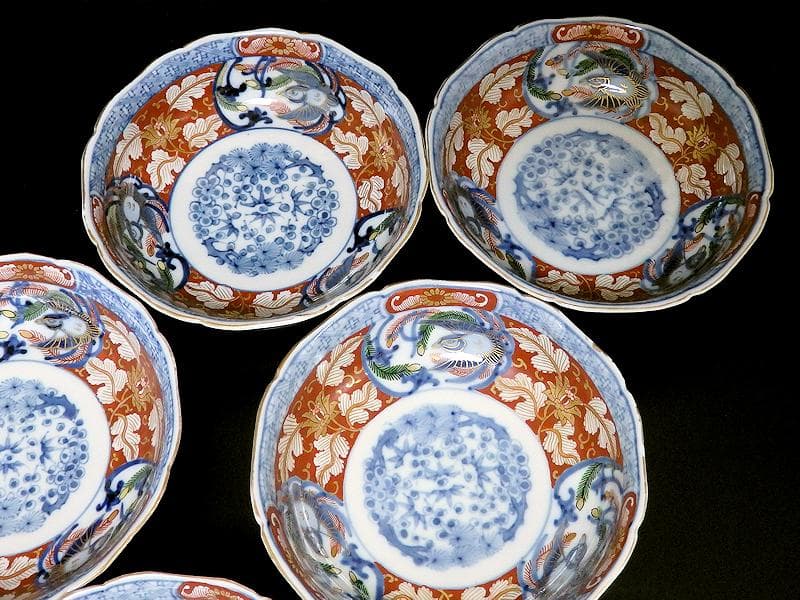 大聖寺伊万里　金襴手　花に福良雀の図　膾皿　５客　B267AS-BGl