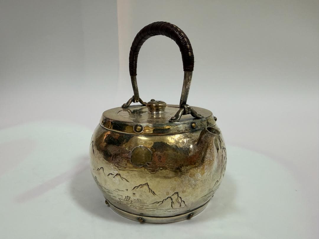 純銀製 山水図彫 象嵌 湯沸 銀瓶 煎茶道具