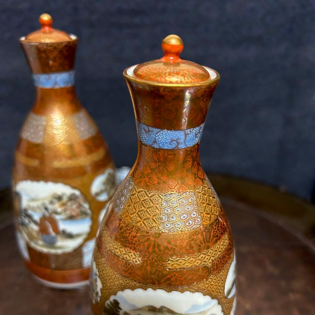 最上級　南魚沼市旧家蔵出品　金彩窓絵図　蓋付徳利　無傷　本物保証