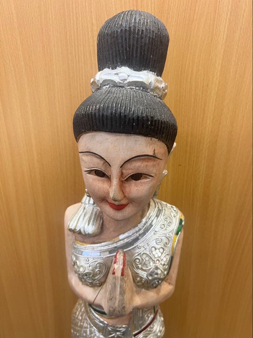 タイ 木彫り 民族衣装の女性像 置物 サワディー人形　2体セット