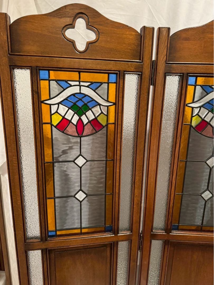 木製　ステンドグラス　パーテーション アンティーク　3連