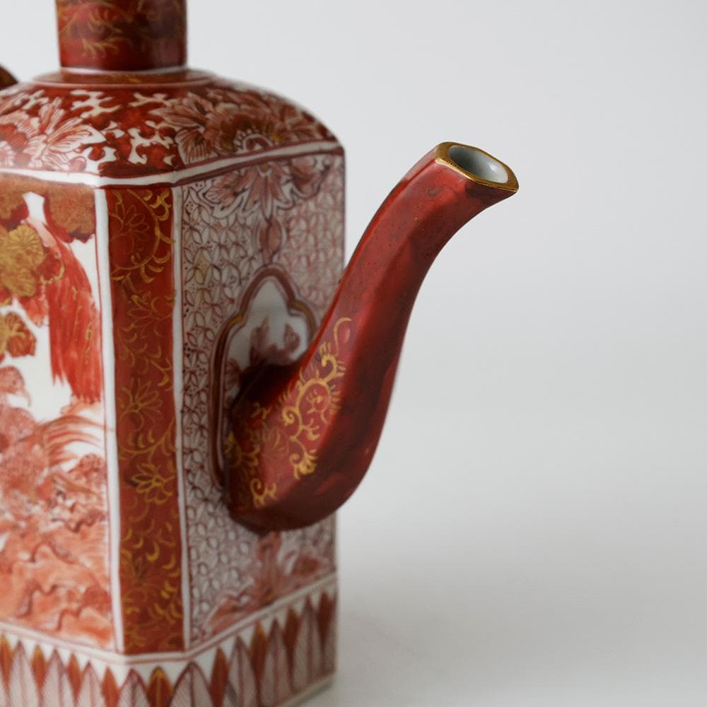 時代年代物 九谷焼 赤絵金彩 唐草 花鳥 楼閣図 水注