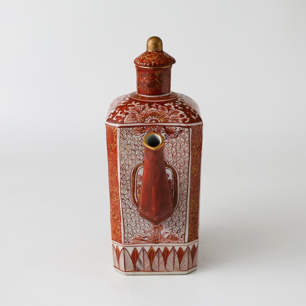 時代年代物 九谷焼 赤絵金彩 唐草 花鳥 楼閣図 水注