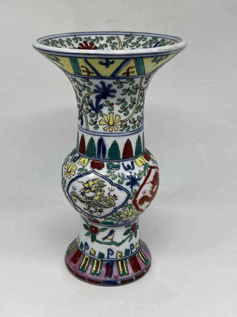 中国古美術　五彩龍紋染付花瓶【大明萬歷年製】在銘F-0