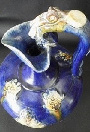 ＊中国古美術/藍釉三彩連弁紋龍耳瓶【保存箱付】