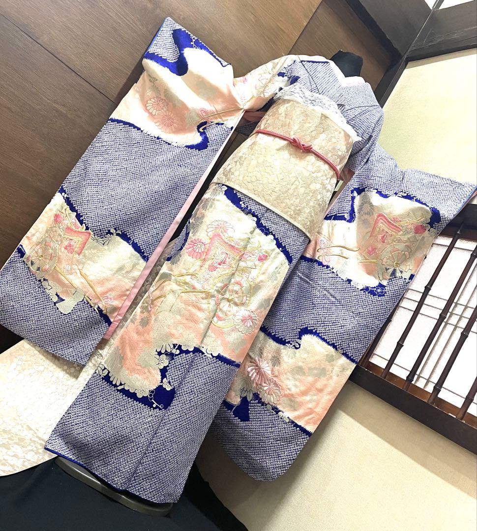 振袖 フルセット6点特価サイズM総絞り御所車銀駒刺繍　正絹　売り切り終了