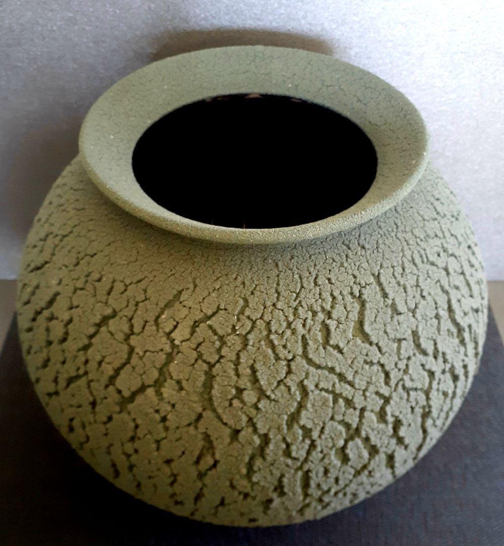 益子焼　【河原建雄】作　松皮紋　苔釉　大壺　花入れ　花瓶　共箱　陶歴書　オブジェ