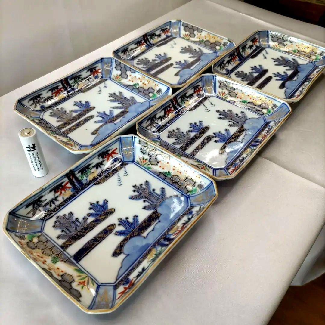 骨董　有田焼　伊万里焼　古伊万里　金彩　色絵　小皿　長角皿　角皿　5客セット