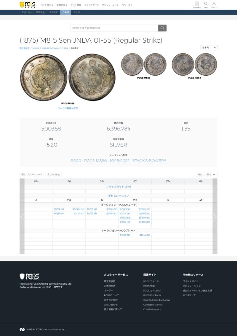 極美品　PCGS-MS64　竜五銭　銀貨　明治8年（1875）