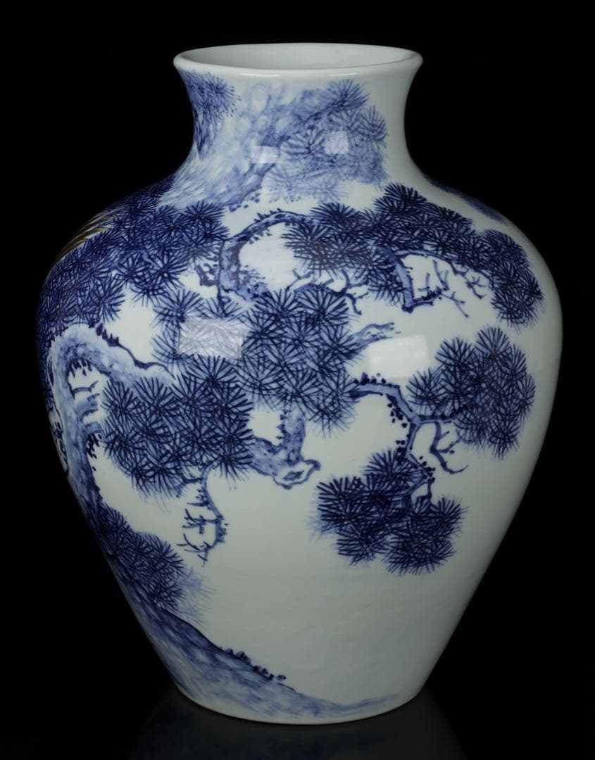 【猿川谷 山徳窯】有田焼 染付 松鷹図大花瓶 56㎝ 飾壺 時代物 古美術 骨董