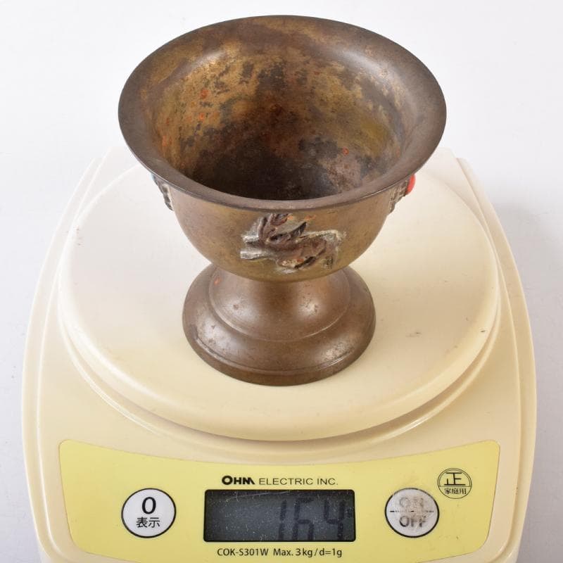 中国　古銅　鹿刻　玉石装飾　稀石嵌込　高足盃　杯　時代箱付　V　R8138