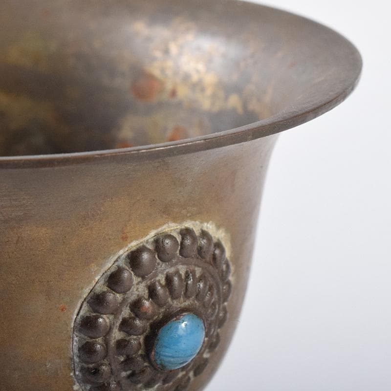 中国　古銅　鹿刻　玉石装飾　稀石嵌込　高足盃　杯　時代箱付　V　R8138