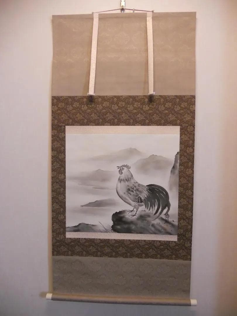 掛け軸 陽風 鶏 水墨 絹本 希少 軸装 茶道具 掛軸 美品 です。