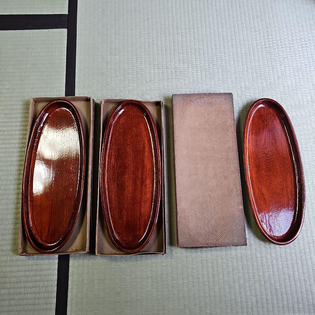 昭和レトロ/1950年代物】漆塗りお盆 天然木製品トレー 茶色 前菜盆3客セット