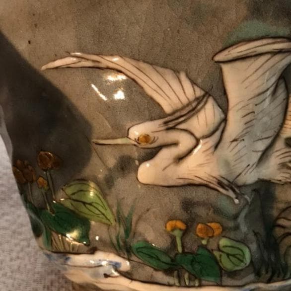 万古焼　蓮葉形丼　鴫図器　共箱　明治