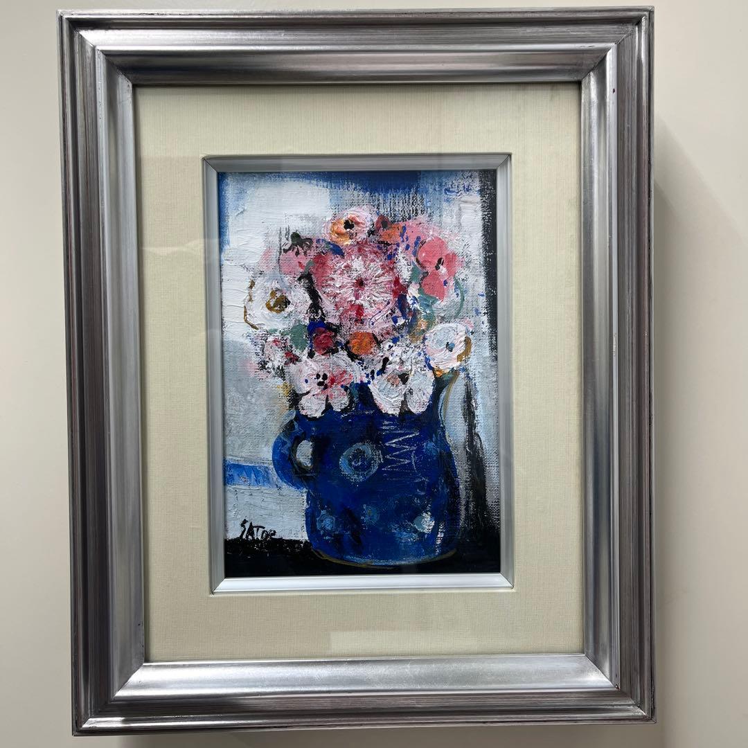 小林さと枝　白い花の中のピンク　油彩画 約30x40cm