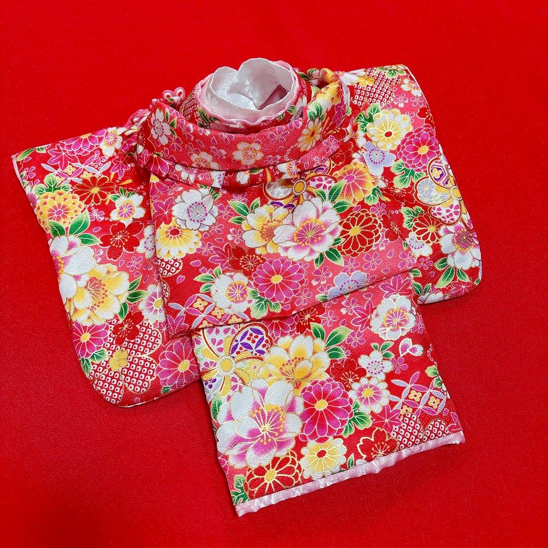 即納✨犬の着物&お被布セット 振袖 M 赤地 化繊金彩入り 七五三