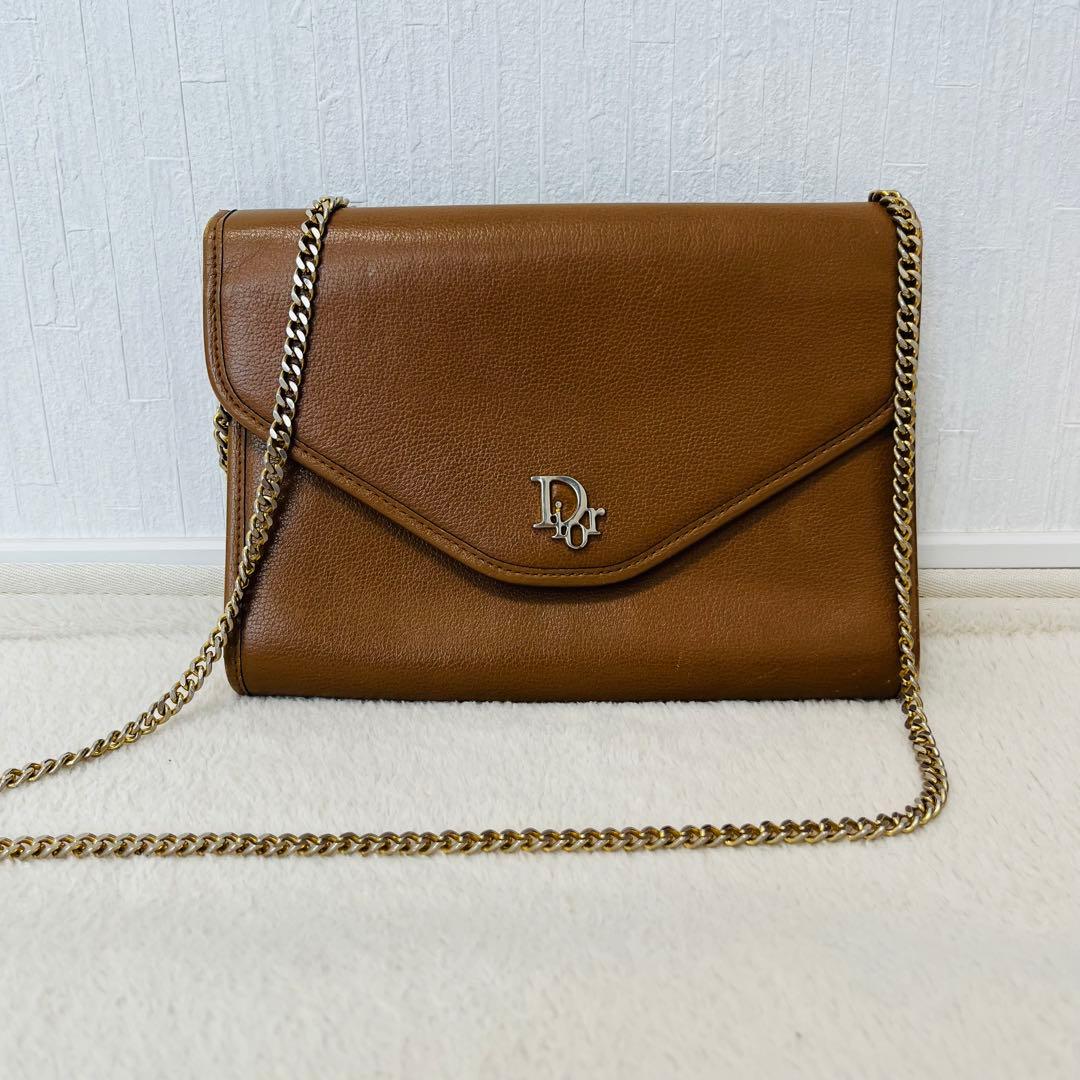 クリスチャンディオール ロゴチェーンショルダーバッグ シボ革 ブラウン 2way