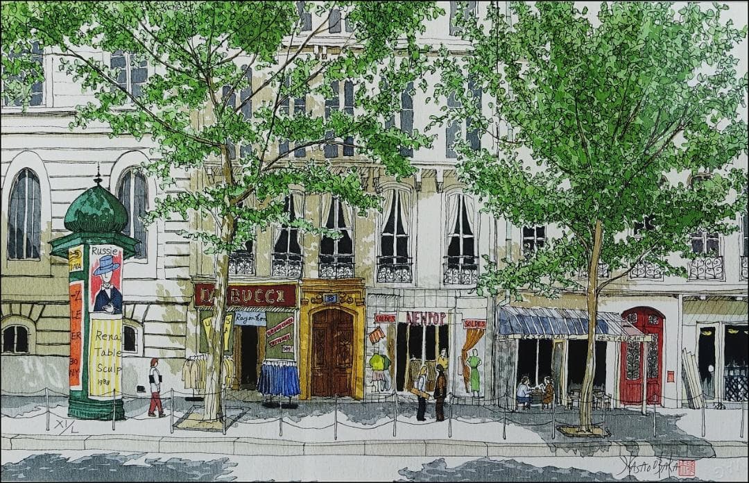 国際展作家「シャンソン流れる通り、トレネかな？」サロン入選/真作/D・リトグラフ