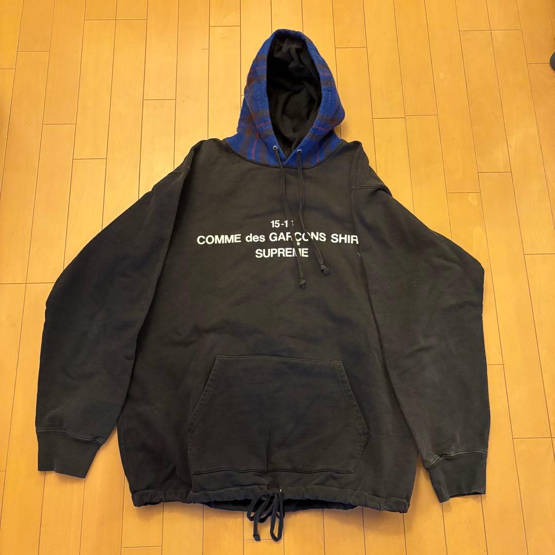シュプリーム×コムデギャルソン フードチェック柄 パーカー【XL】ブラック