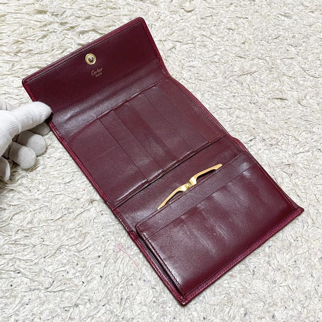 【良品】カルティエ　三つ折り財布　がま口　レザー　ボルドー　ゴールド金具