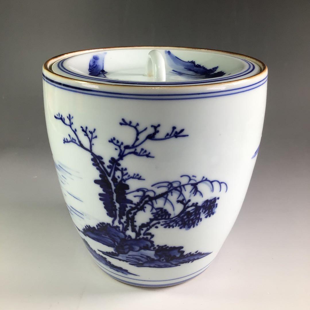 Ｒ５０６　水指　『平安　祥堂造』『染付山水風景文』『一重口水指』　木箱　茶道具