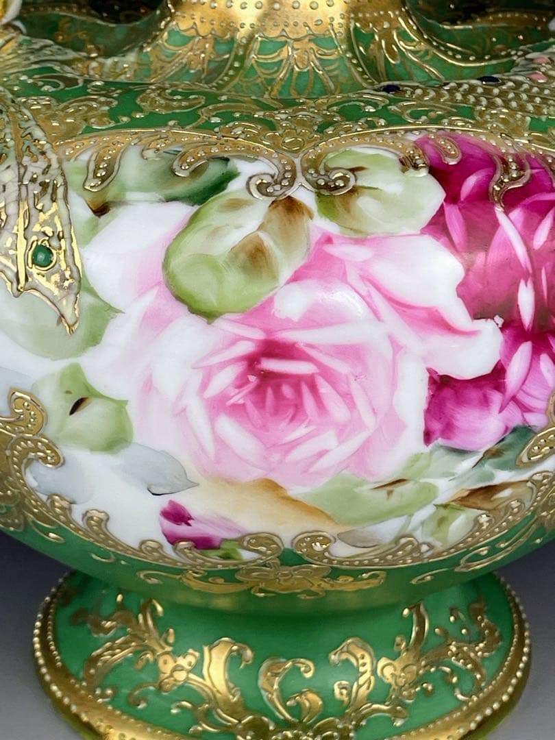 【美品】オールドノリタケ ジュエル 翠地金盛り蝶 薔薇紋花瓶 ジュール エナメル