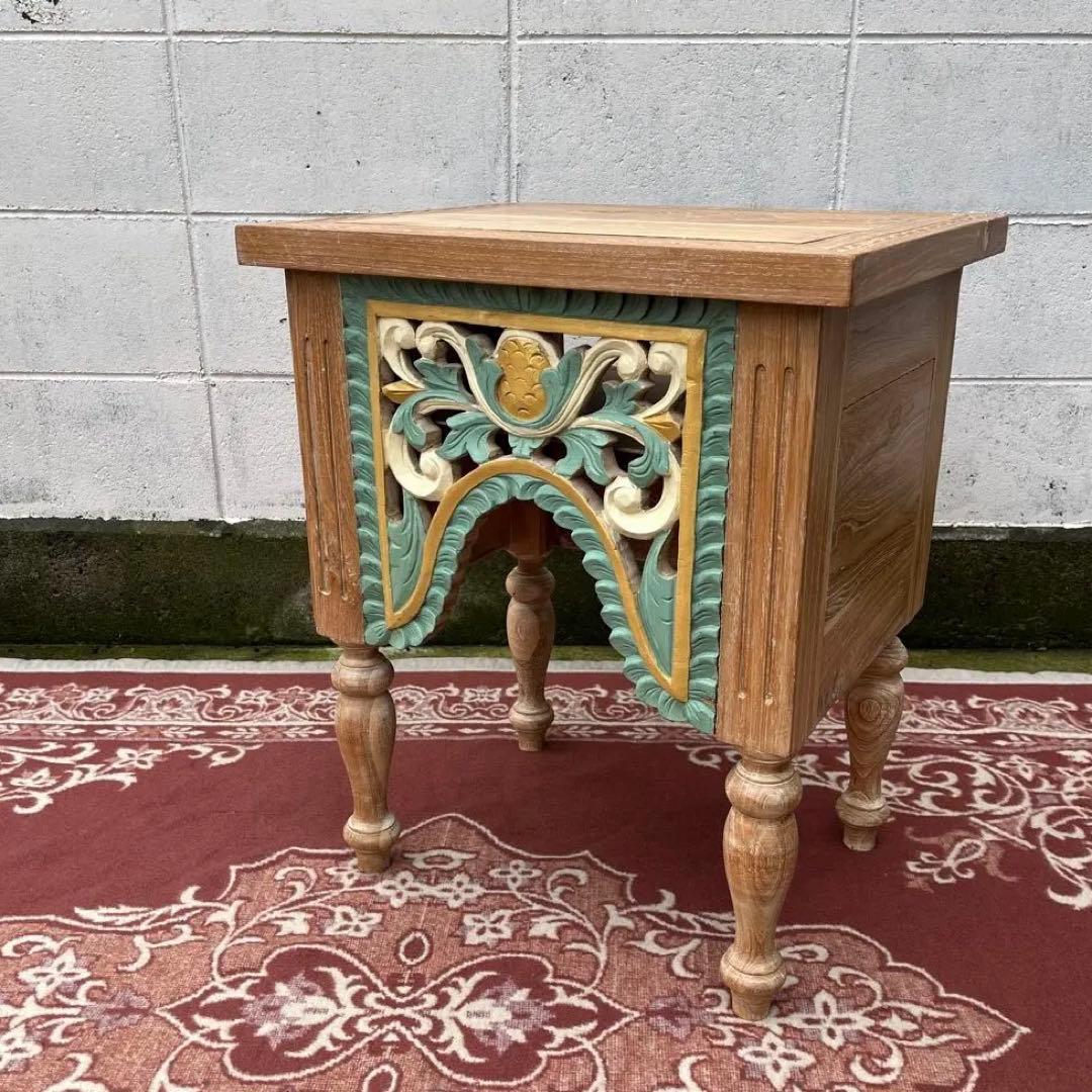 木製無垢材 チーク材◾️彫刻デザイン サイドテーブル 飾り台 花台 ディスプレイ台