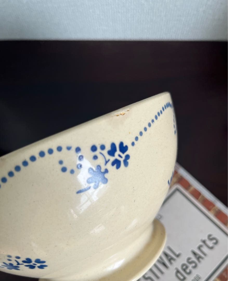 フランスアンティーク　カフェオレボウル レア　特大　青い花　ステンシル